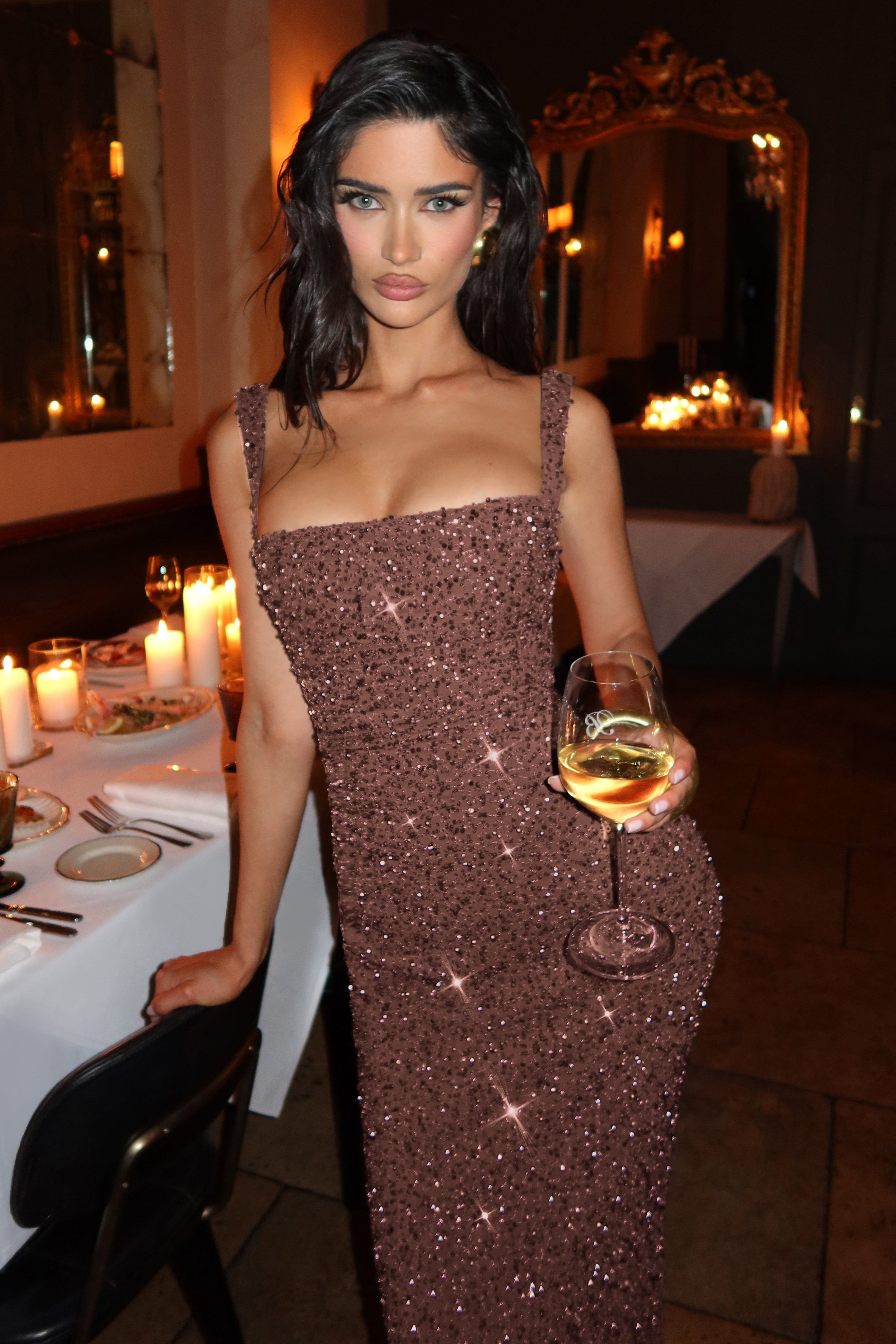 Cleo | Sequin Tie-Up Square Neck Maxi Dress