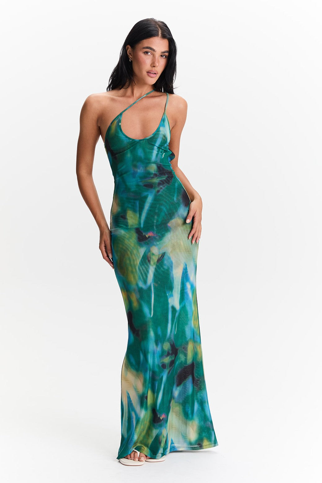 Imogen | Sleeveless Abstract Print Mesh Maxi Dress