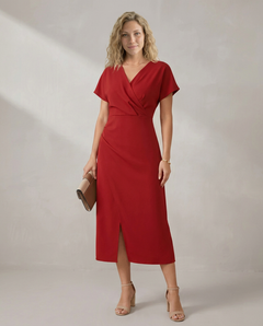 Nadine | Short Sleeve Faux Wrap Midi with Side Slit