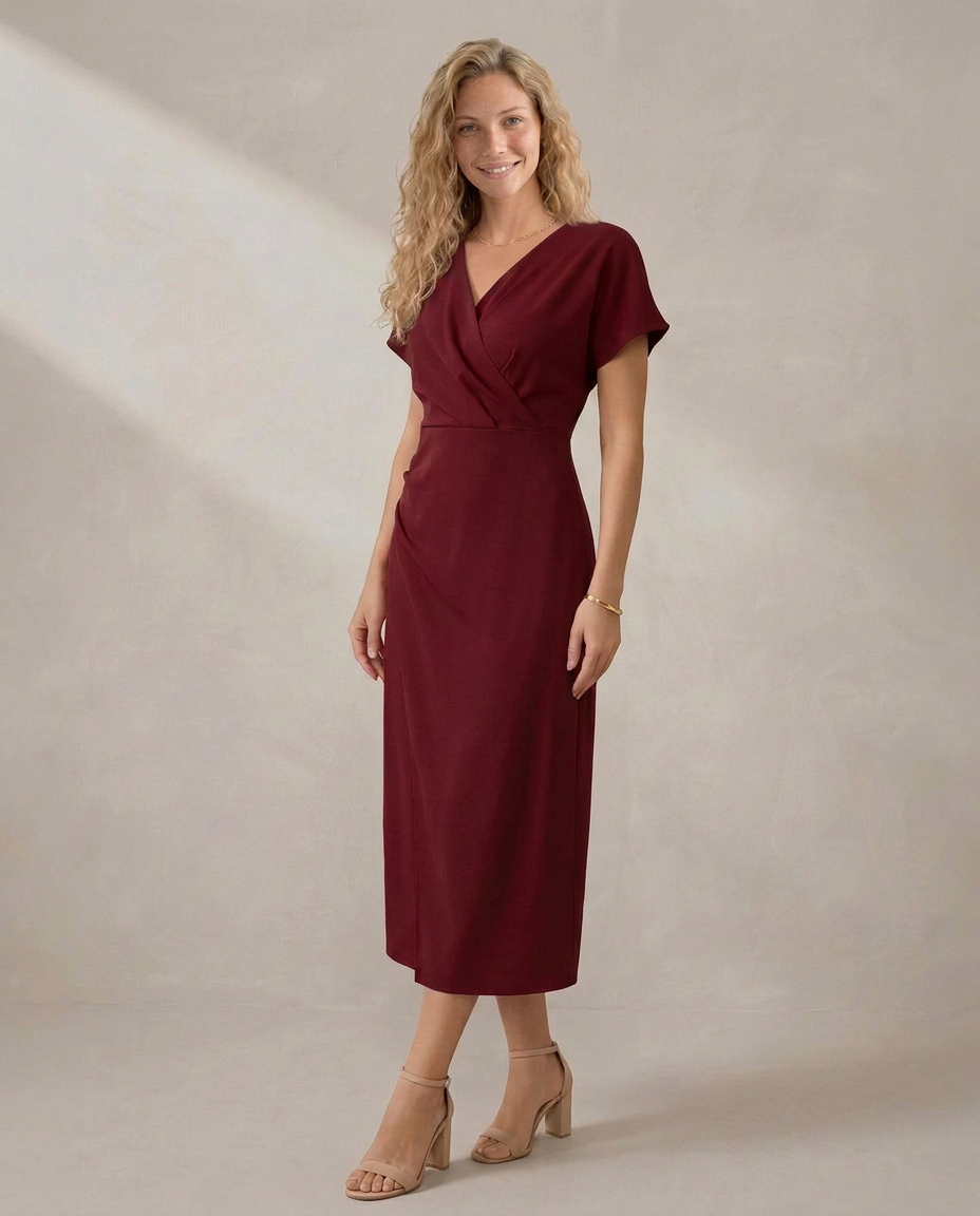 Nadine | Short Sleeve Faux Wrap Midi with Side Slit