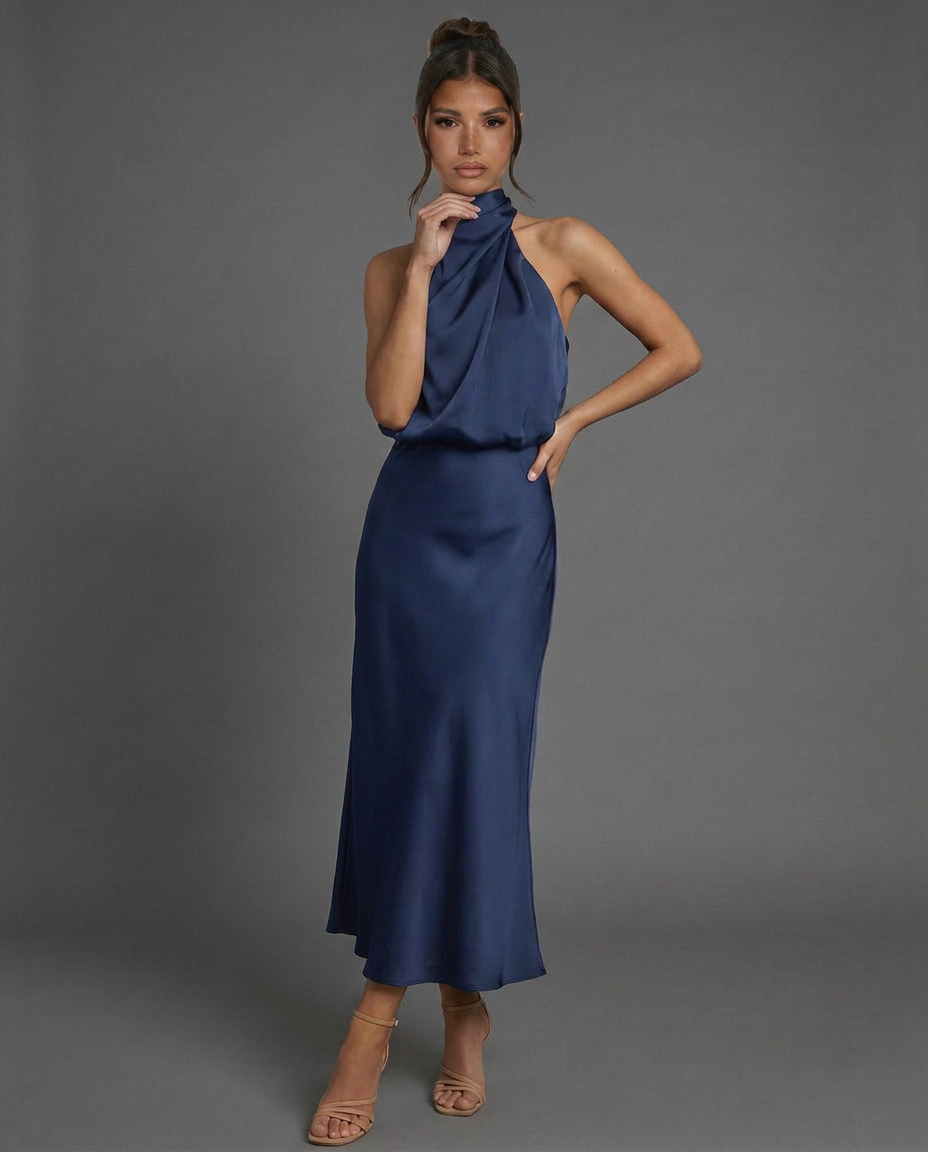 Celine | Draped Halterneck Satin Midi