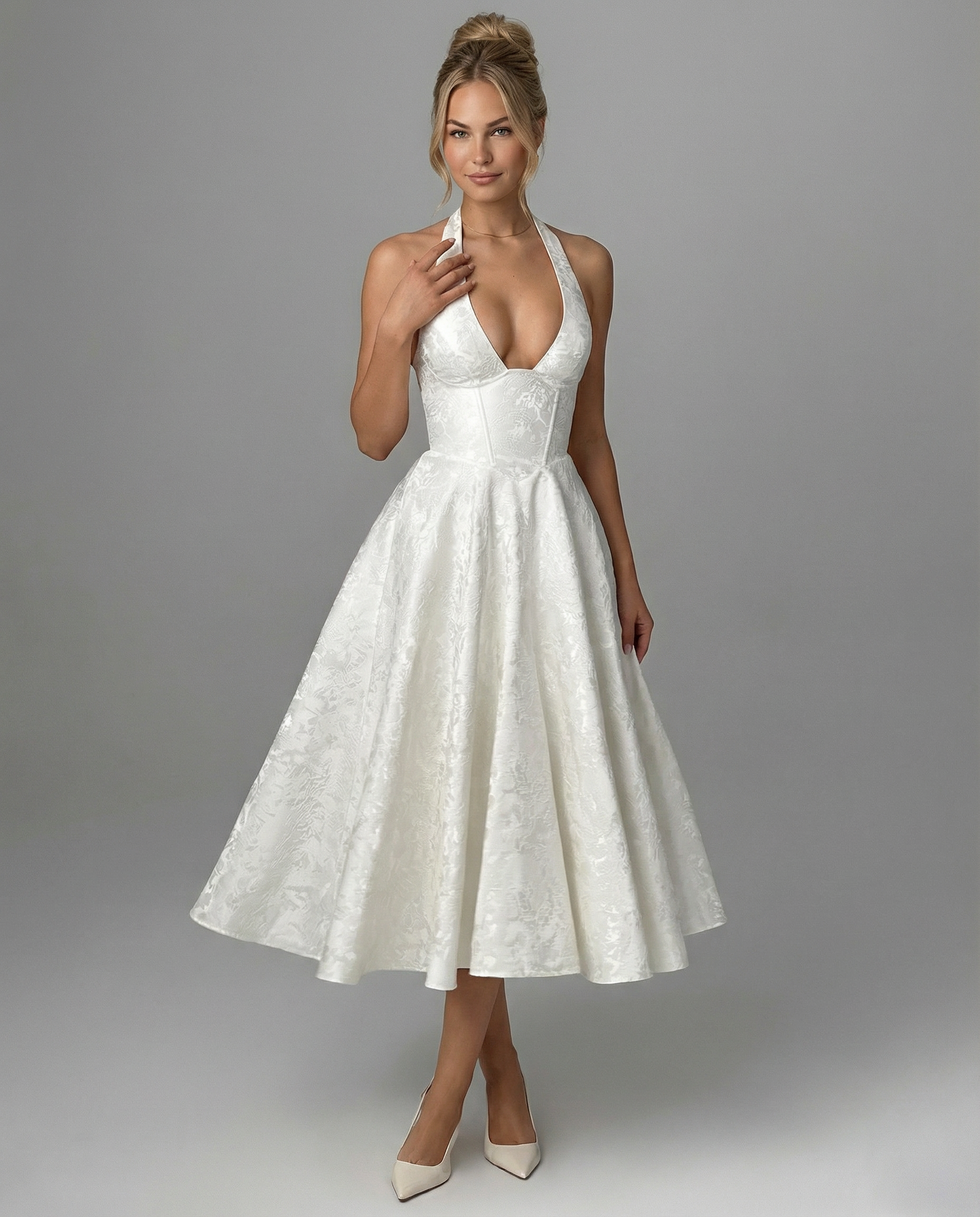 Sheryl | Midi Dress with Halter Neck and Jacquard Finish