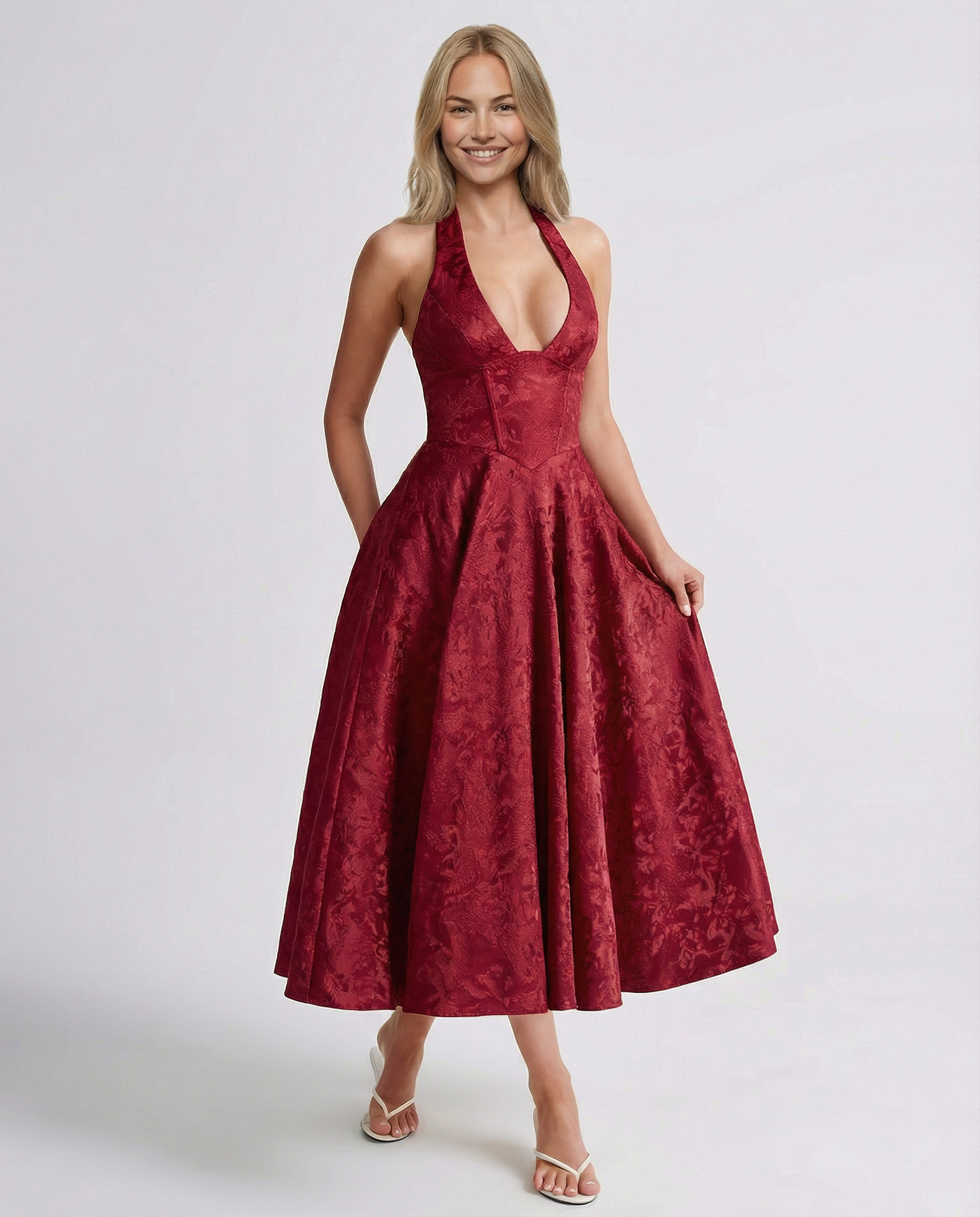 Sheryl | Midi Dress with Halter Neck and Jacquard Finish