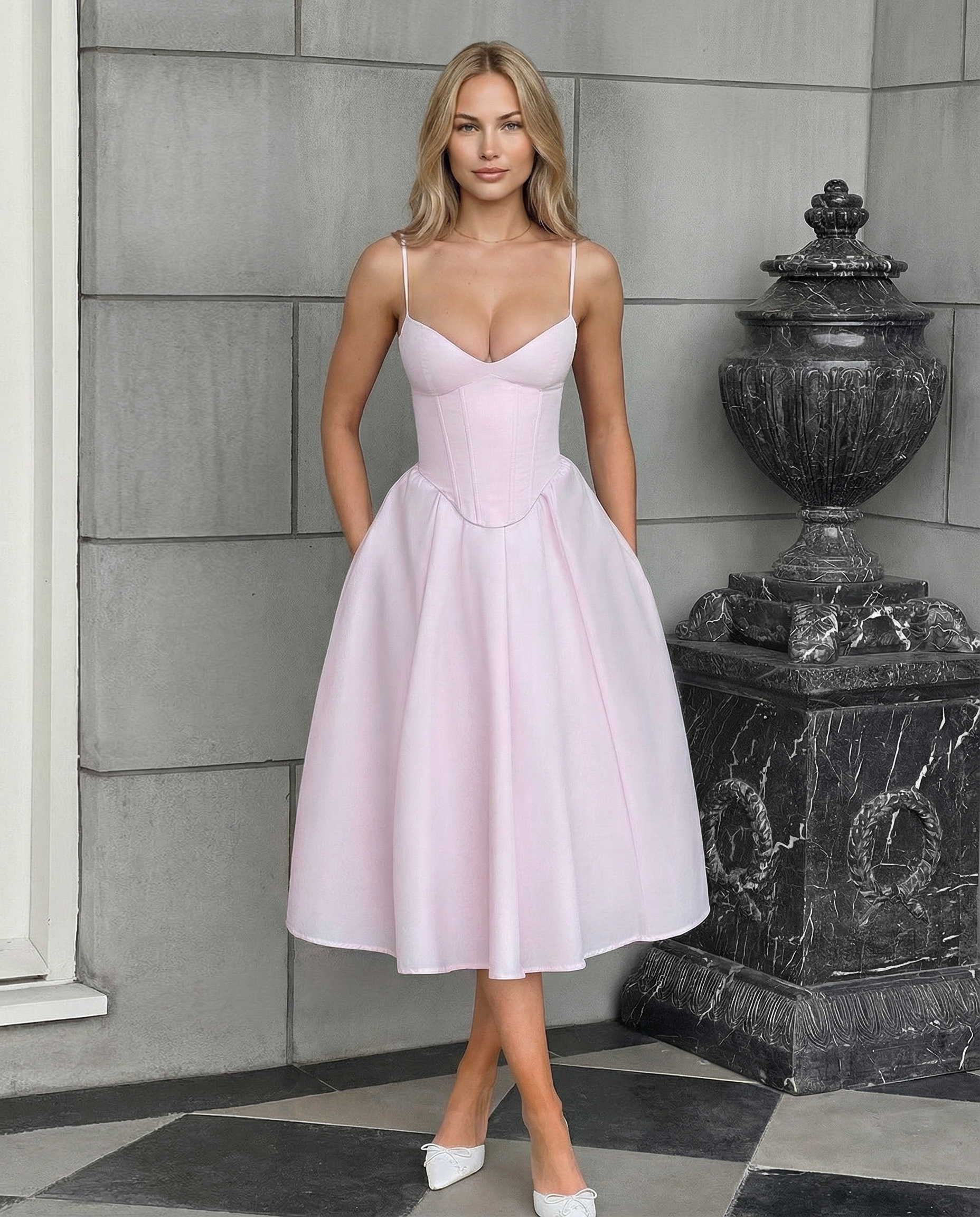 Maya | Flared Skirt Corset Midi Dress