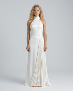 Delphine | Pleated Satin-Look Black Tie Maxi Dress
