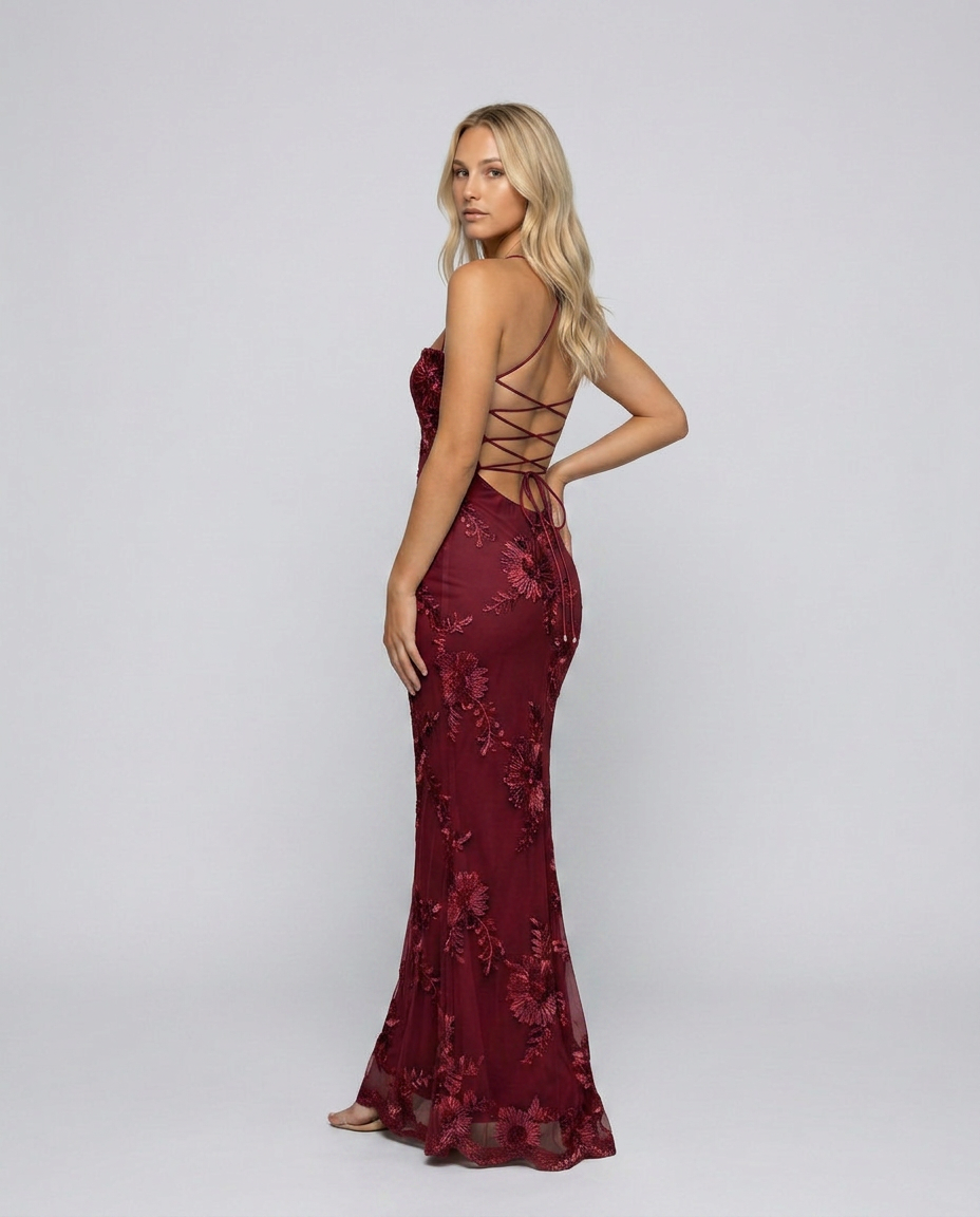 Angela | Maxi Dress with Floral Appliqué and Lace-Up Back