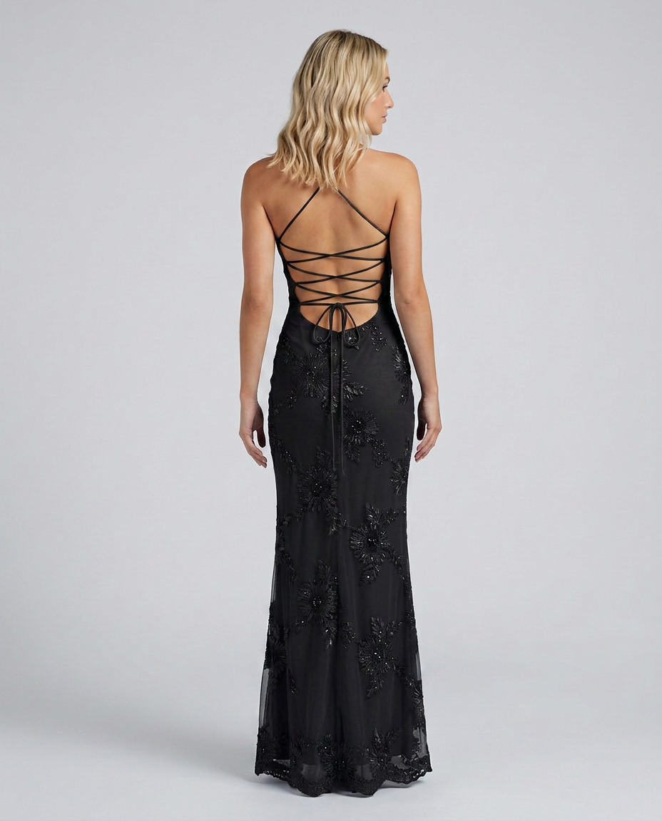 Angela | Maxi Dress with Floral Appliqué and Lace-Up Back