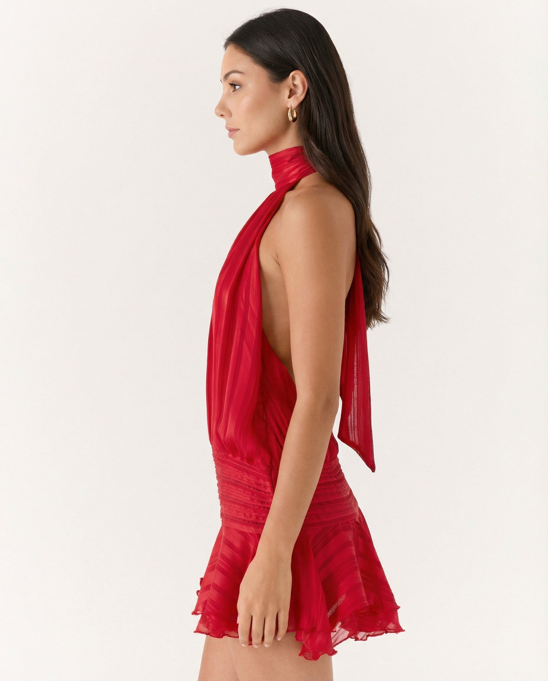 Deborah | Halter Neck Pleated Playsuit with Ruffle Overlay