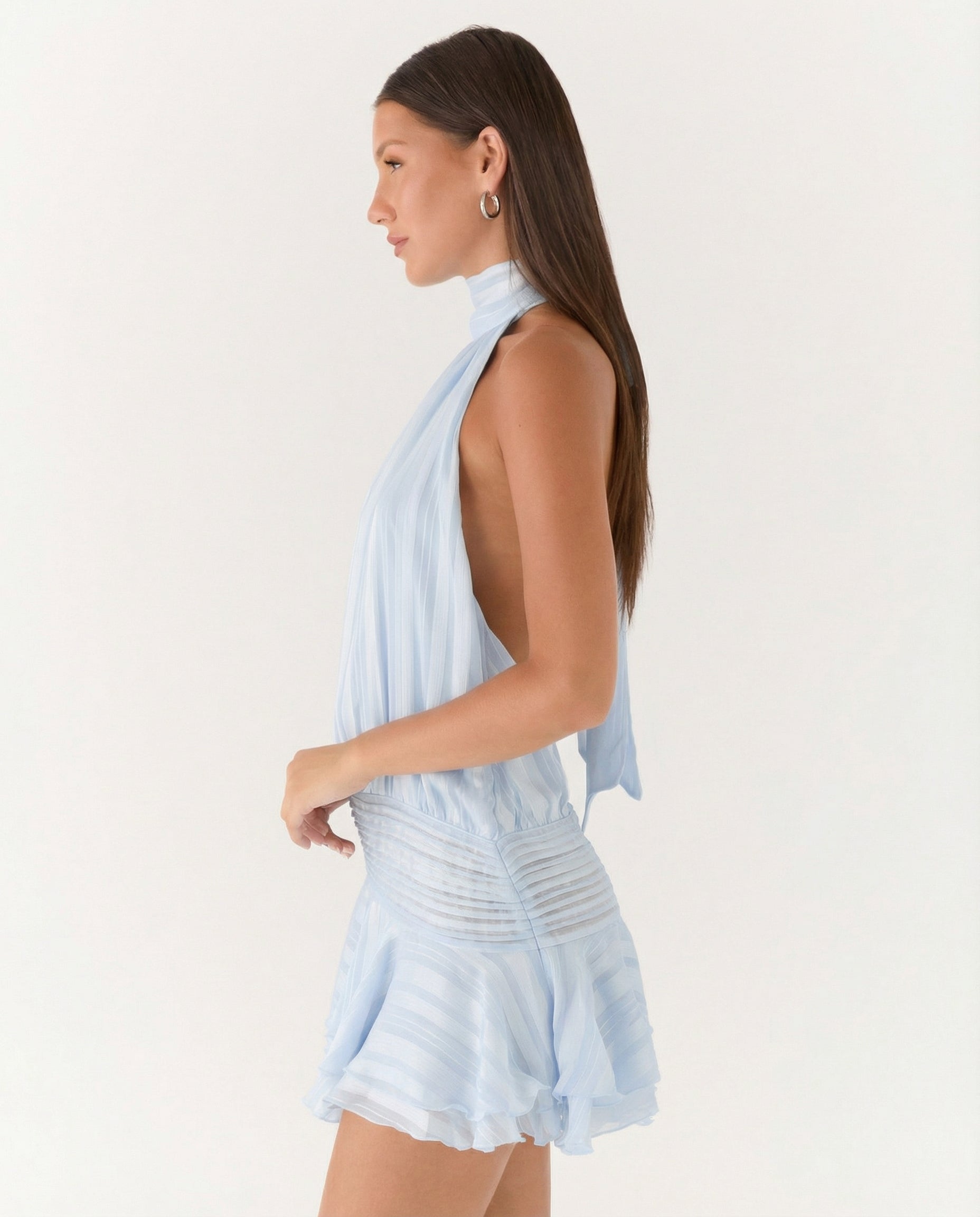 Deborah | Halter Neck Pleated Playsuit with Ruffle Overlay
