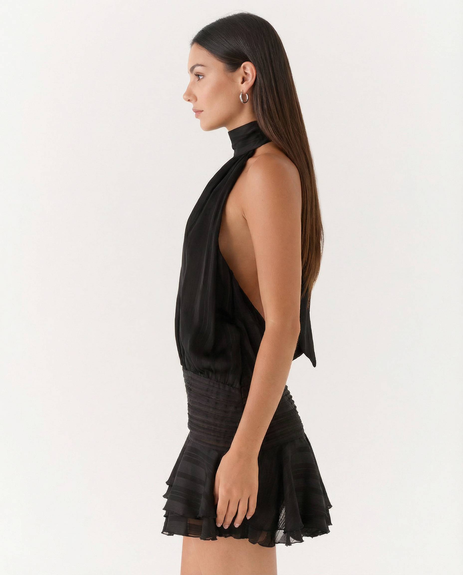 Deborah | Halter Neck Pleated Playsuit with Ruffle Overlay