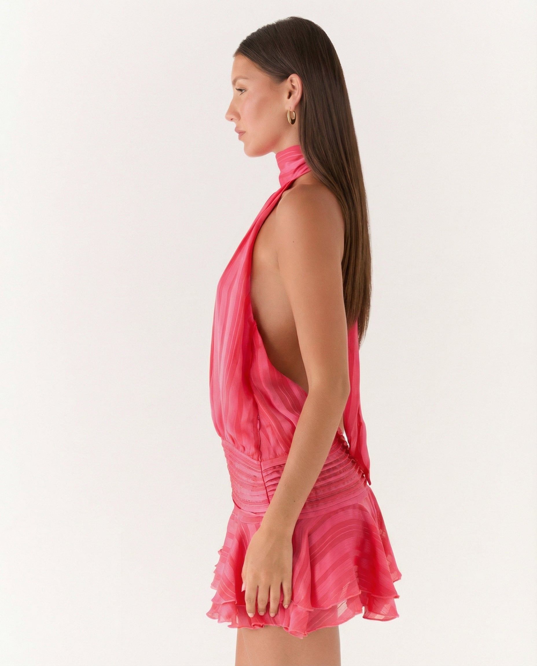 Deborah | Halter Neck Pleated Playsuit with Ruffle Overlay