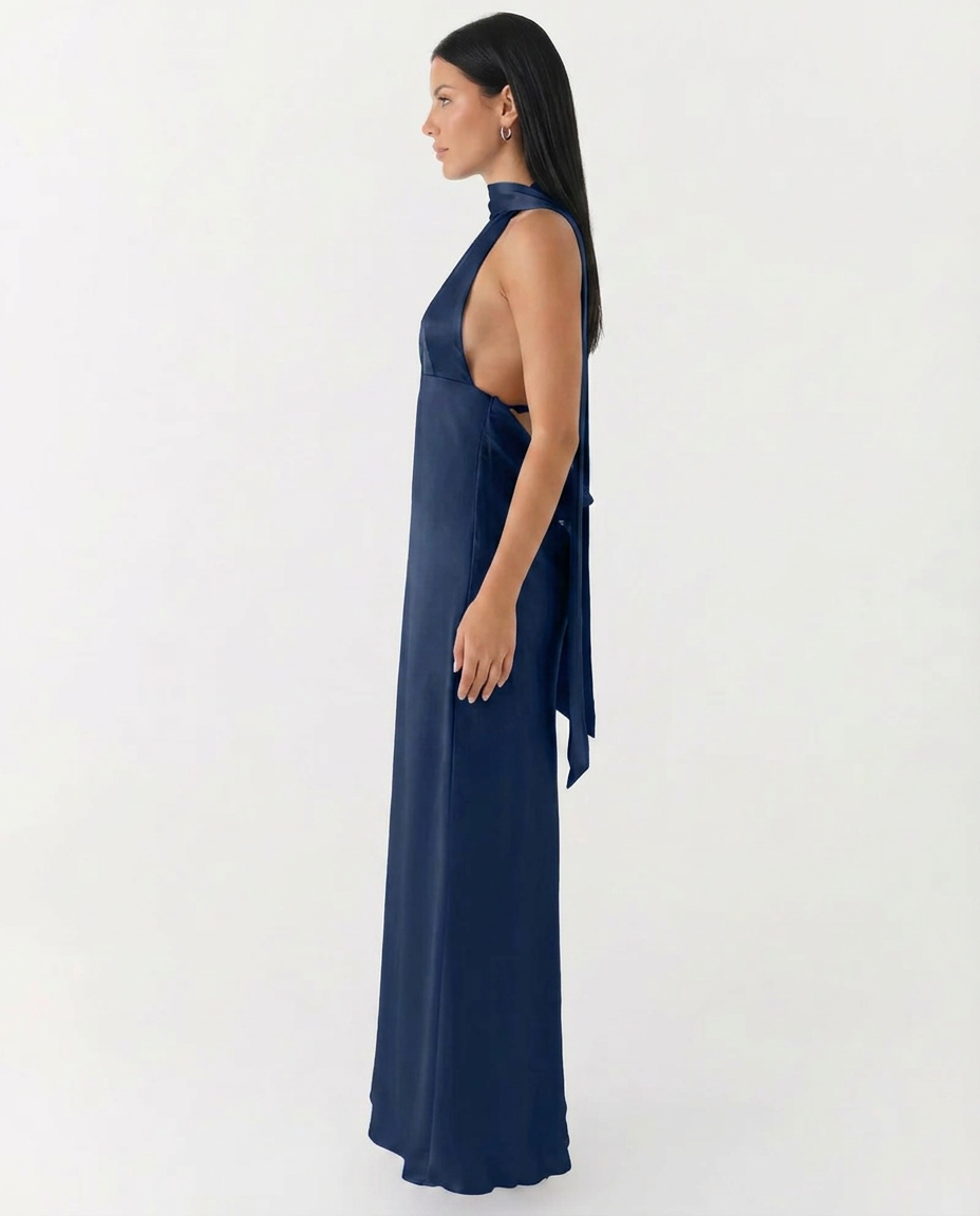 Jayne | Low V Neck Cowl Back Satin Halter Maxi Dress