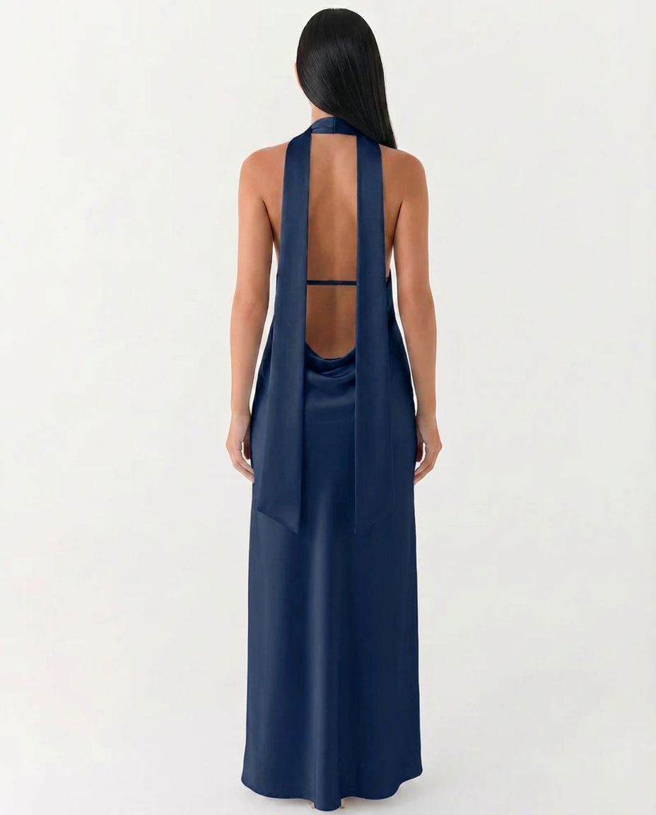 Jayne | Low V Neck Cowl Back Satin Halter Maxi Dress