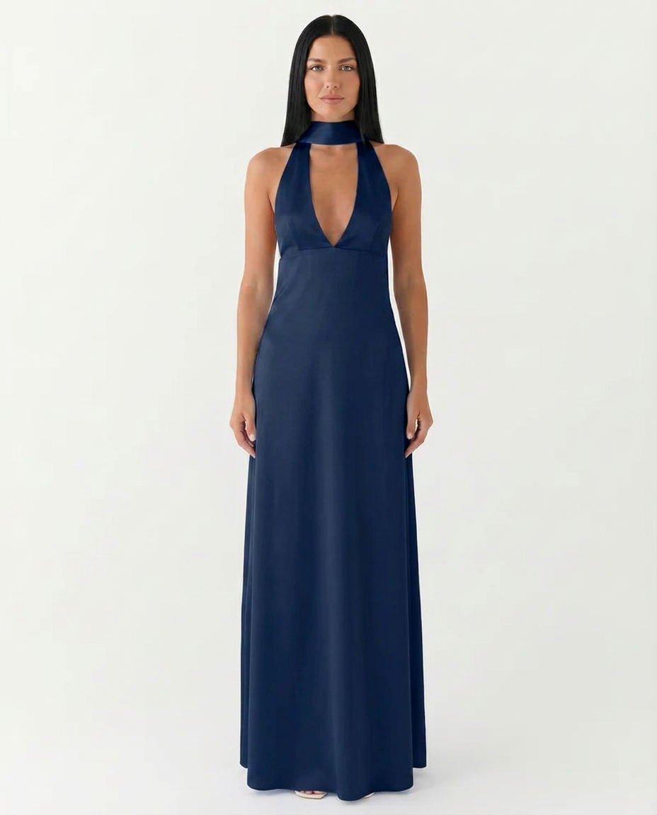 Jayne | Low V Neck Cowl Back Satin Halter Maxi Dress