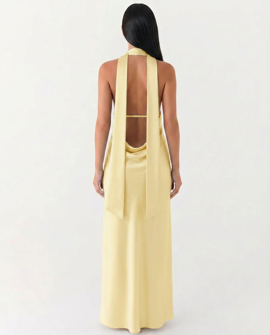 Jayne | Low V Neck Cowl Back Satin Halter Maxi Dress