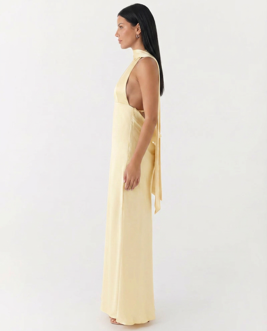 Jayne | Low V Neck Cowl Back Satin Halter Maxi Dress