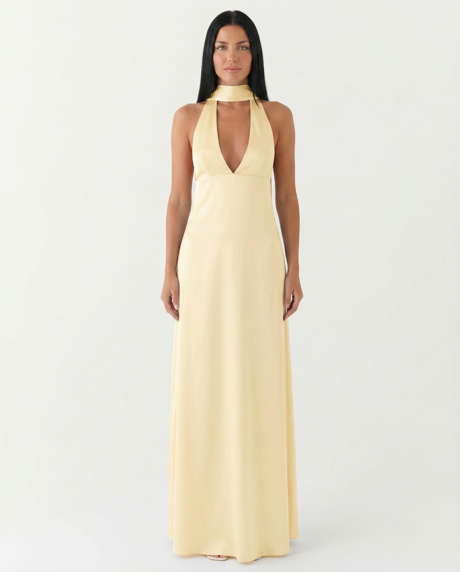 Jayne | Low V Neck Cowl Back Satin Halter Maxi Dress