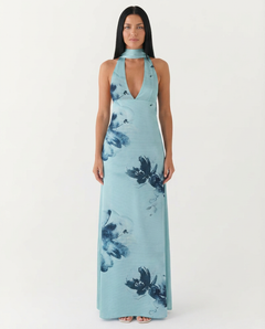 Jayne | Floral Low V-Neck Cowl Back Halter Maxi Dress