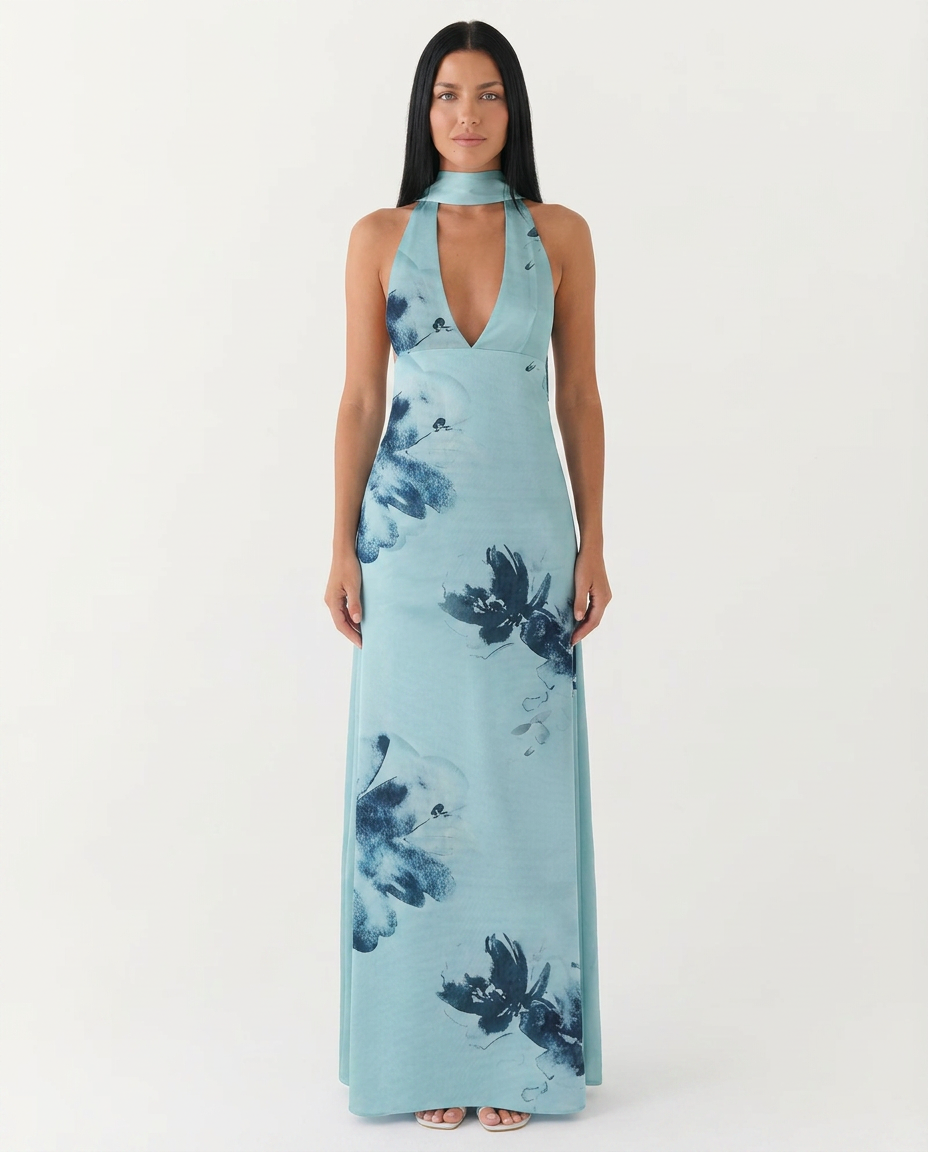 Jayne | Floral Low V-Neck Cowl Back Halter Maxi Dress