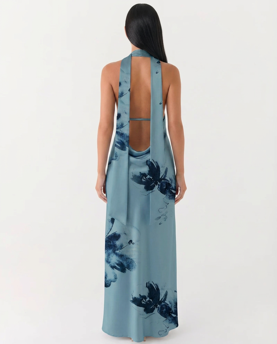 Jayne | Floral Low V-Neck Cowl Back Halter Maxi Dress