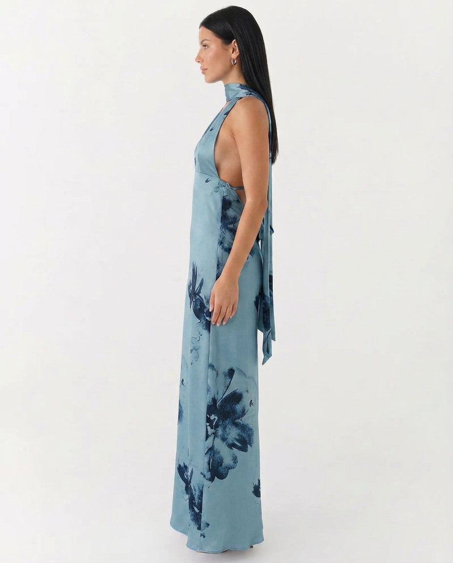 Jayne | Floral Low V-Neck Cowl Back Halter Maxi Dress