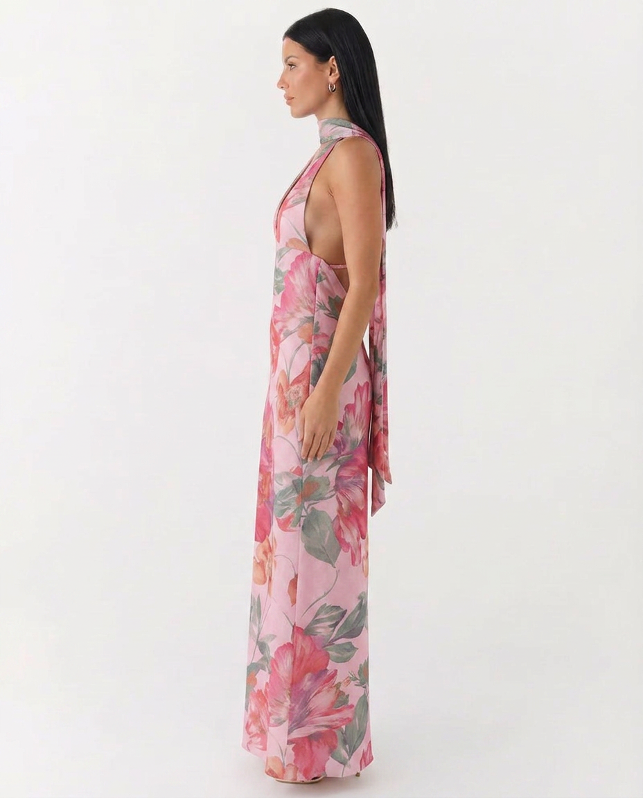 Jayne | Floral Low V-Neck Cowl Back Halter Maxi Dress