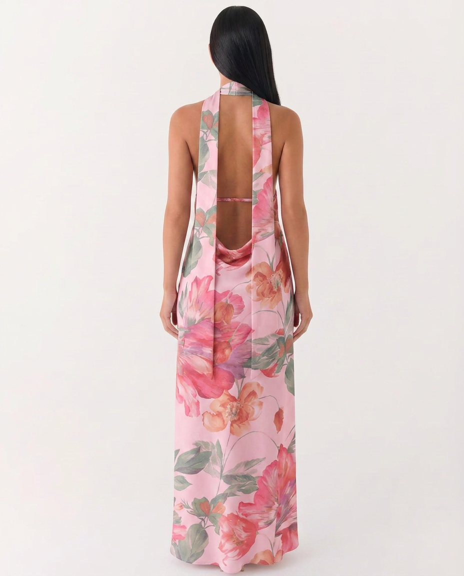 Jayne | Floral Low V-Neck Cowl Back Halter Maxi Dress