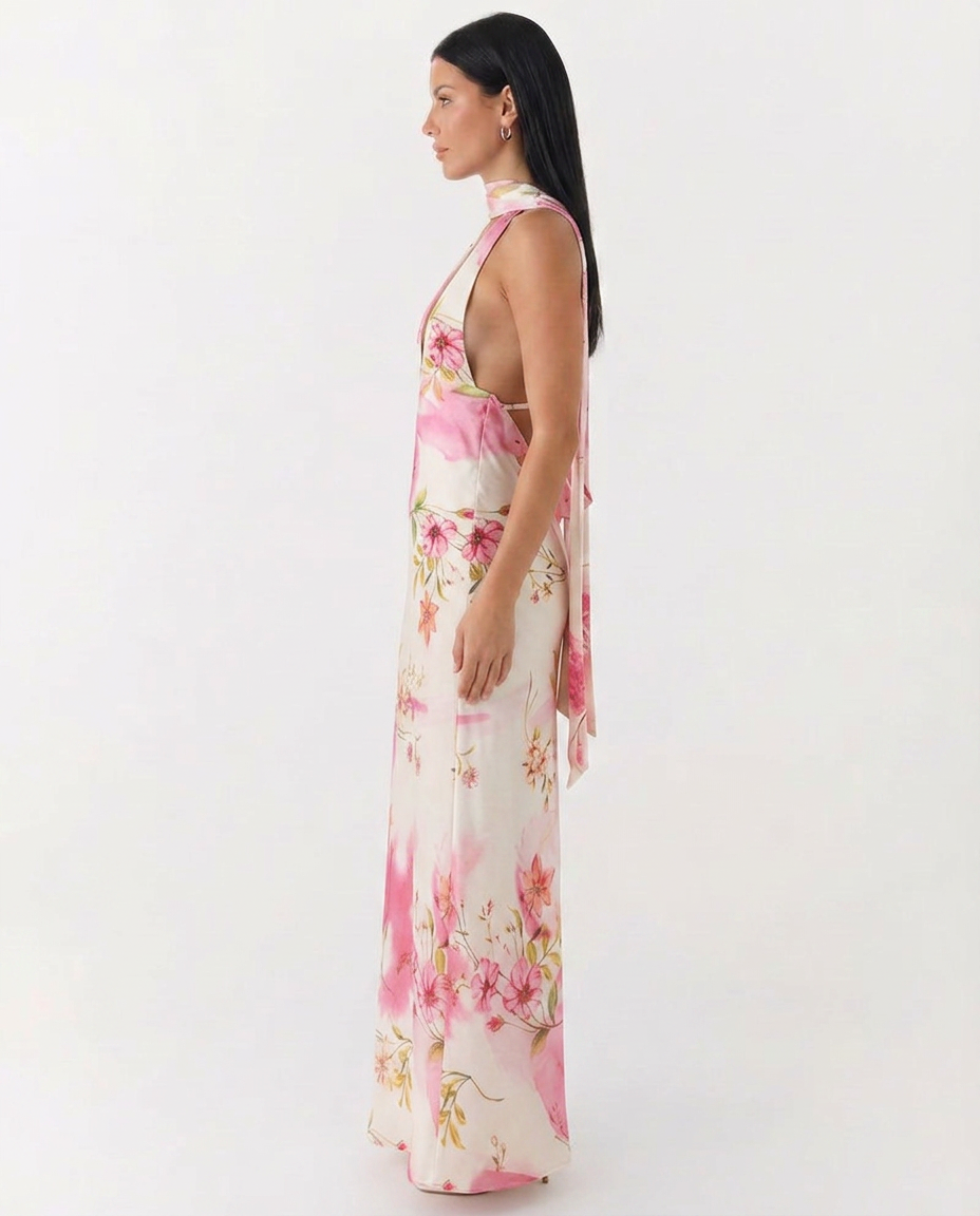 Jayne | Floral Low V-Neck Cowl Back Halter Maxi Dress