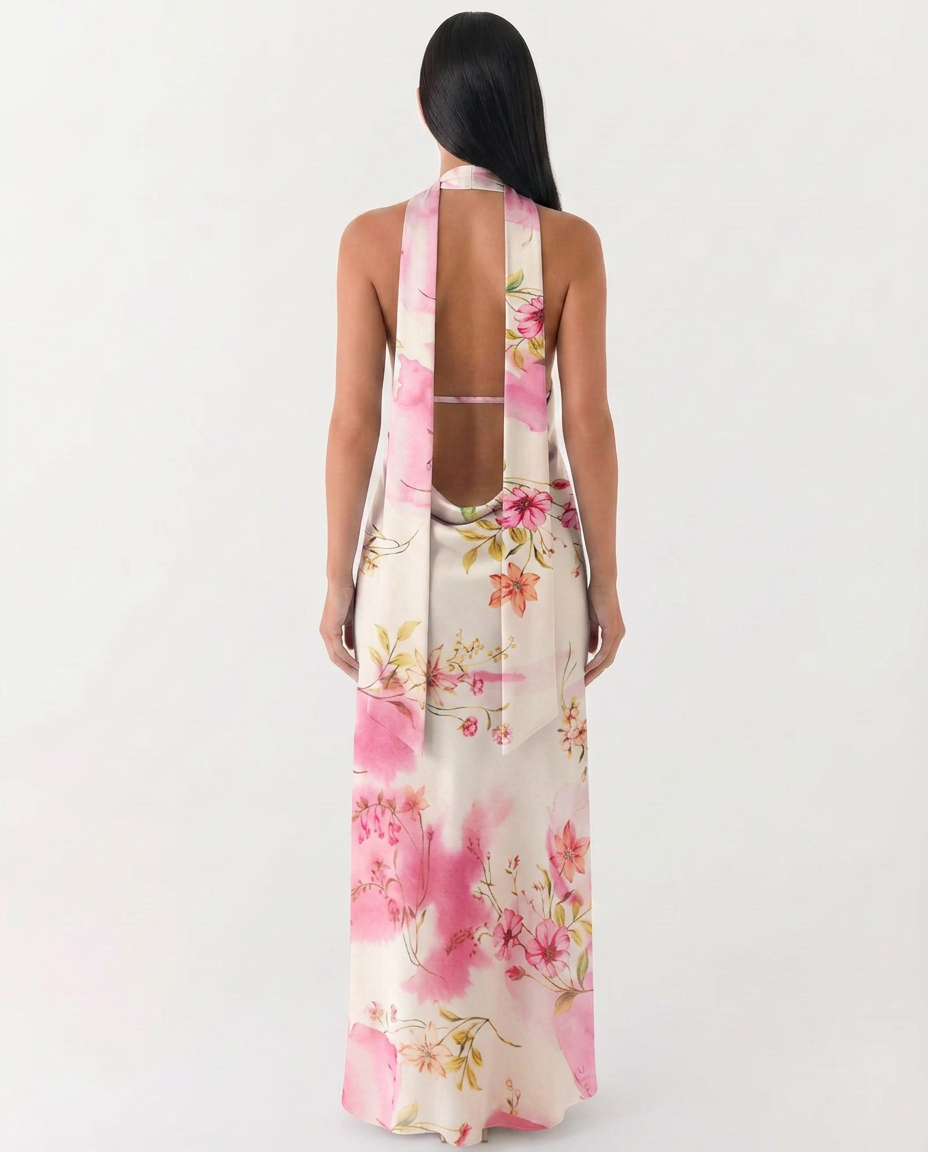 Jayne | Floral Low V-Neck Cowl Back Halter Maxi Dress