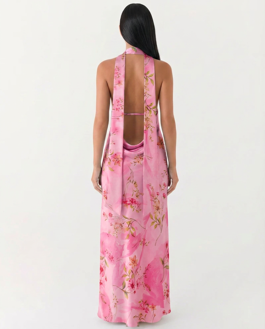 Jayne | Floral Low V-Neck Cowl Back Halter Maxi Dress