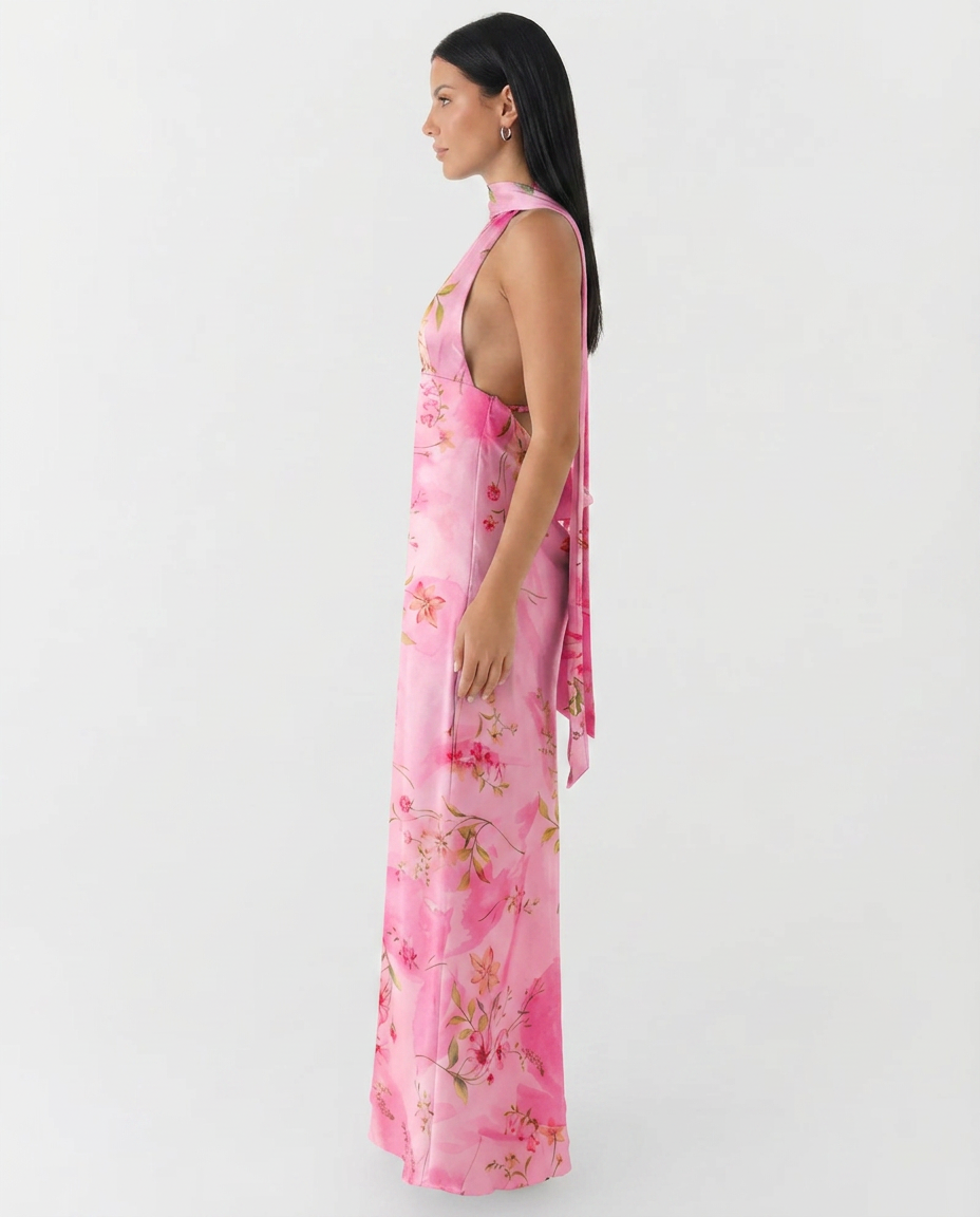 Jayne | Floral Low V-Neck Cowl Back Halter Maxi Dress
