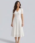 Zara | Puffed Sleeve V-Neck White Midi Dress
