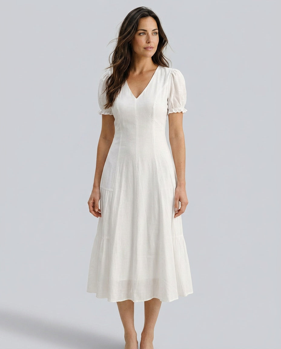 Zara | Puffed Sleeve V-Neck White Midi Dress