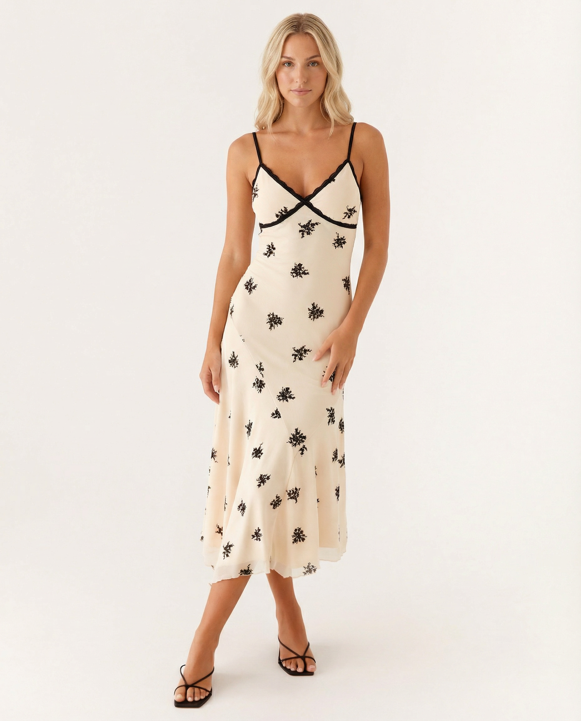 Marsha | Midi Dress with Lace Trim and Floral Embroidery