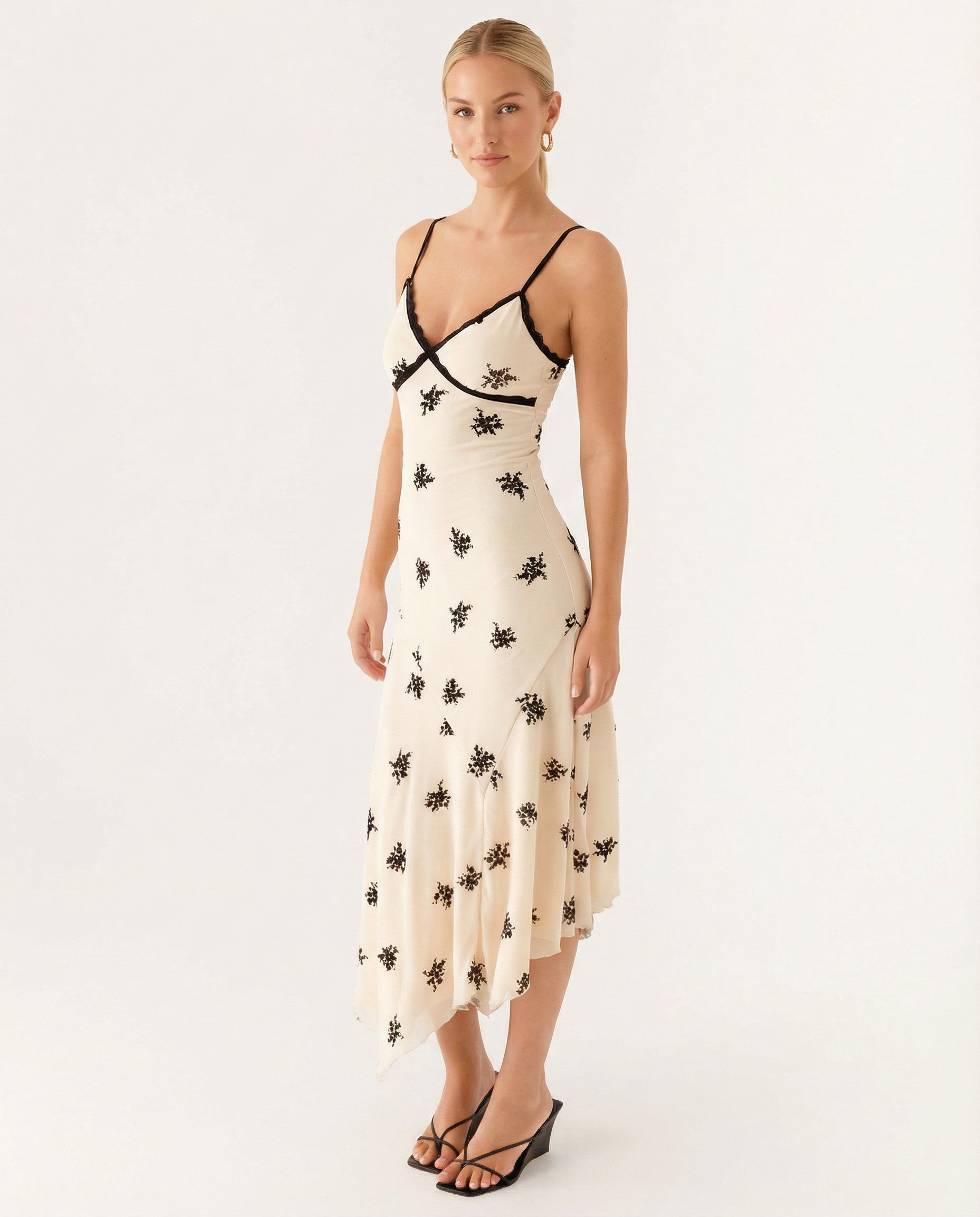 Marsha | Midi Dress with Lace Trim and Floral Embroidery