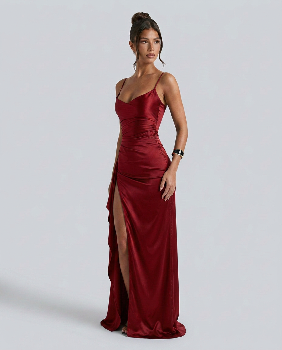 Janelle | Satin Cowl Neck Lace Up Maxi Dress
