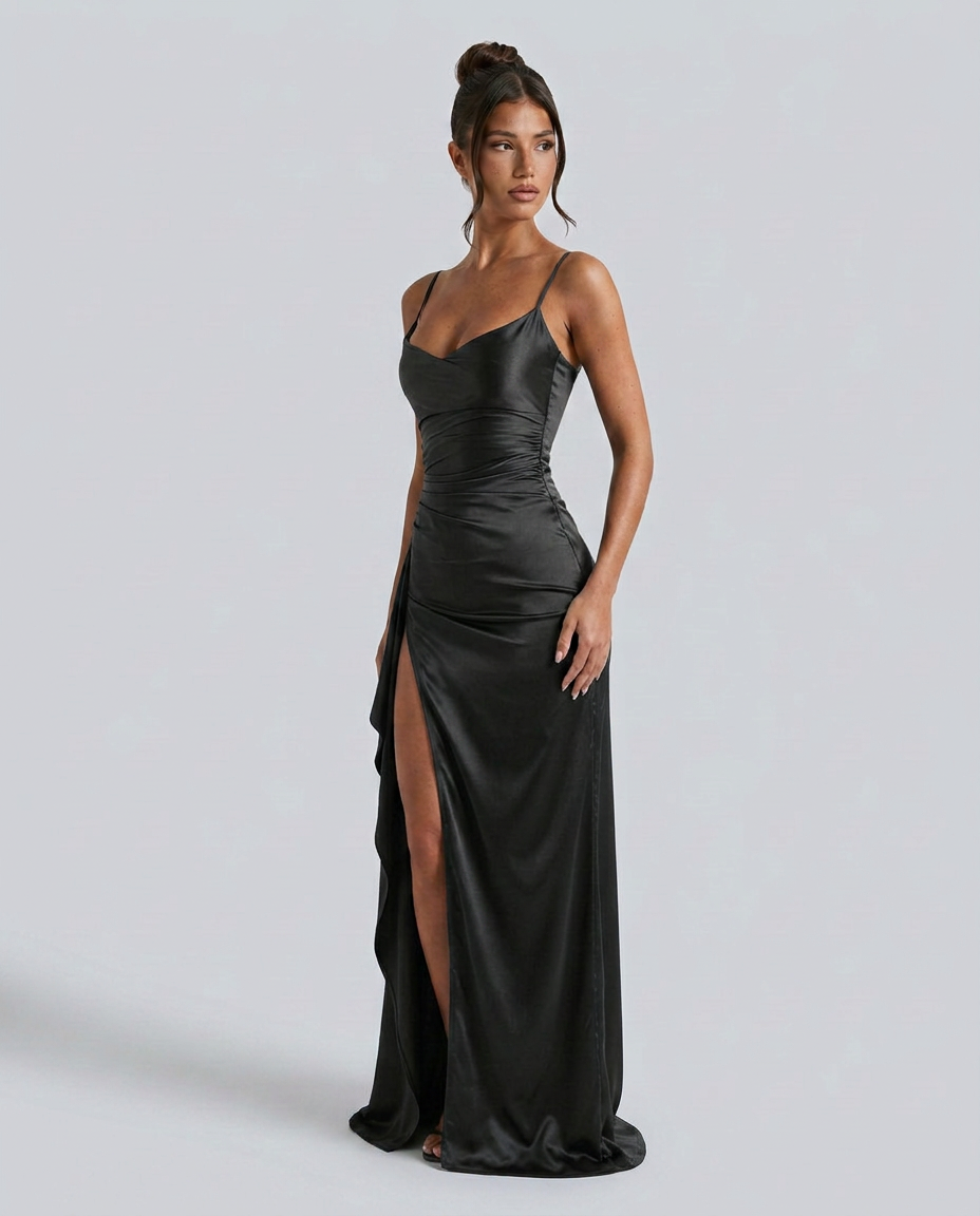 Janelle | Satin Cowl Neck Lace Up Maxi Dress