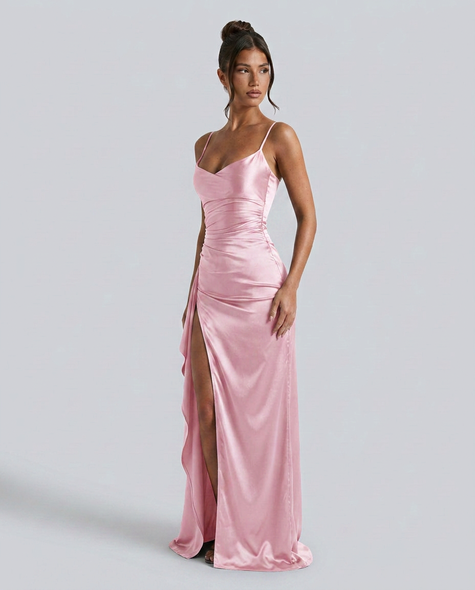 Janelle | Satin Cowl Neck Lace Up Maxi Dress