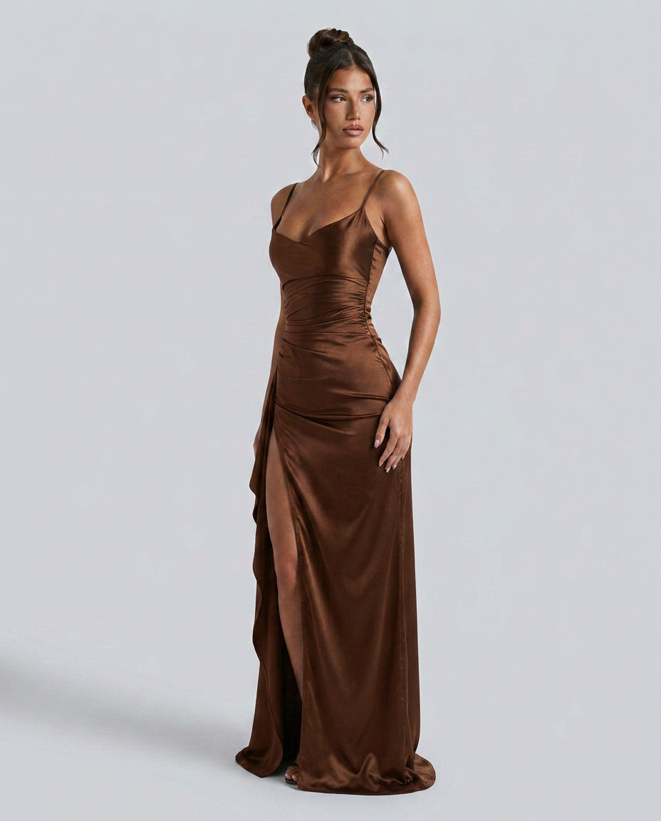Janelle | Satin Cowl Neck Lace Up Maxi Dress