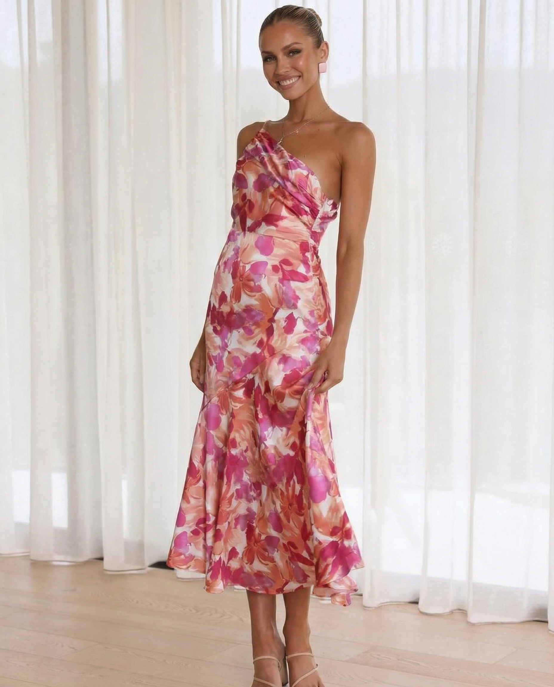 Lizzie | Midi Dress with One Shoulder and Floral Print