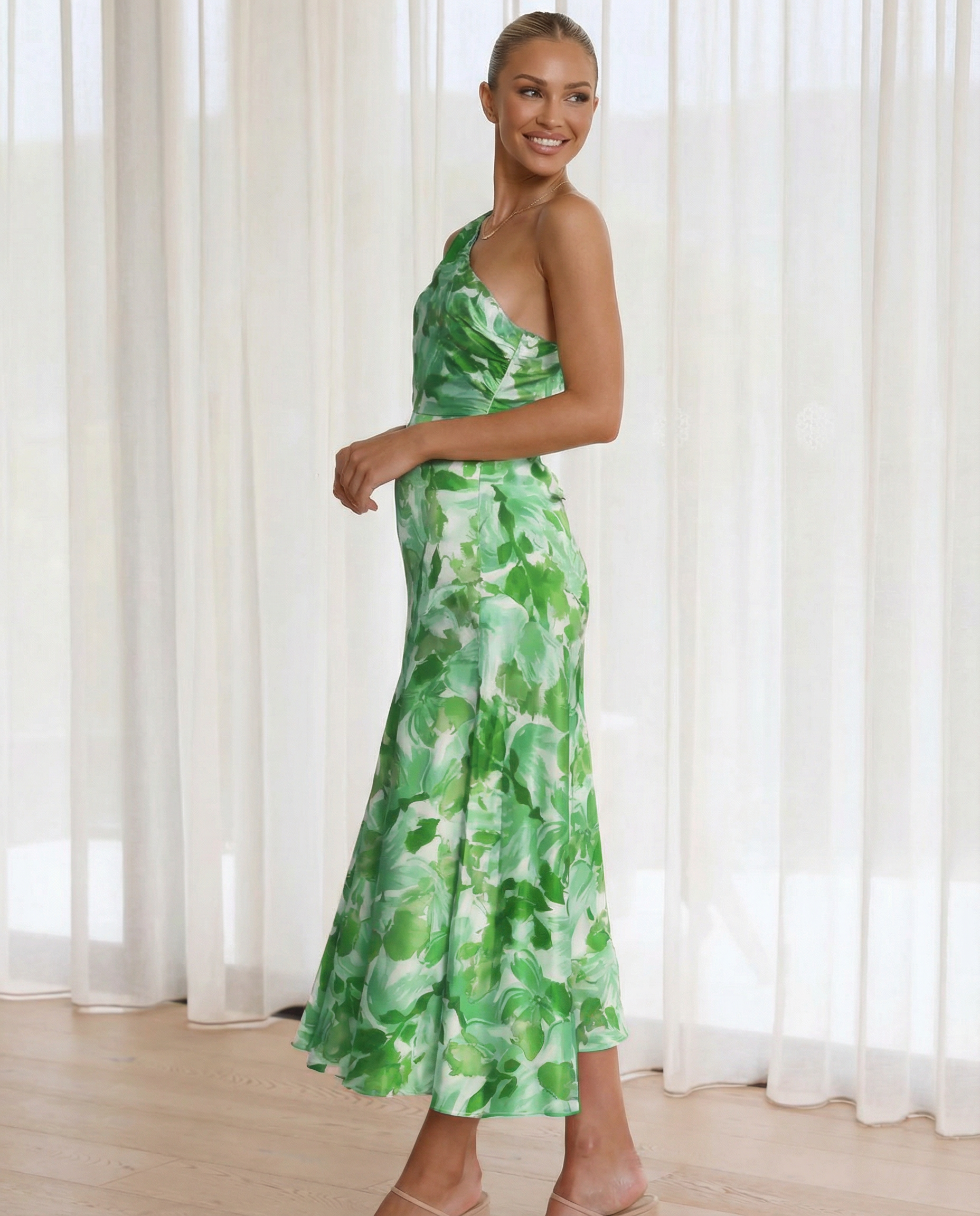 Lizzie | Midi Dress with One Shoulder and Floral Print