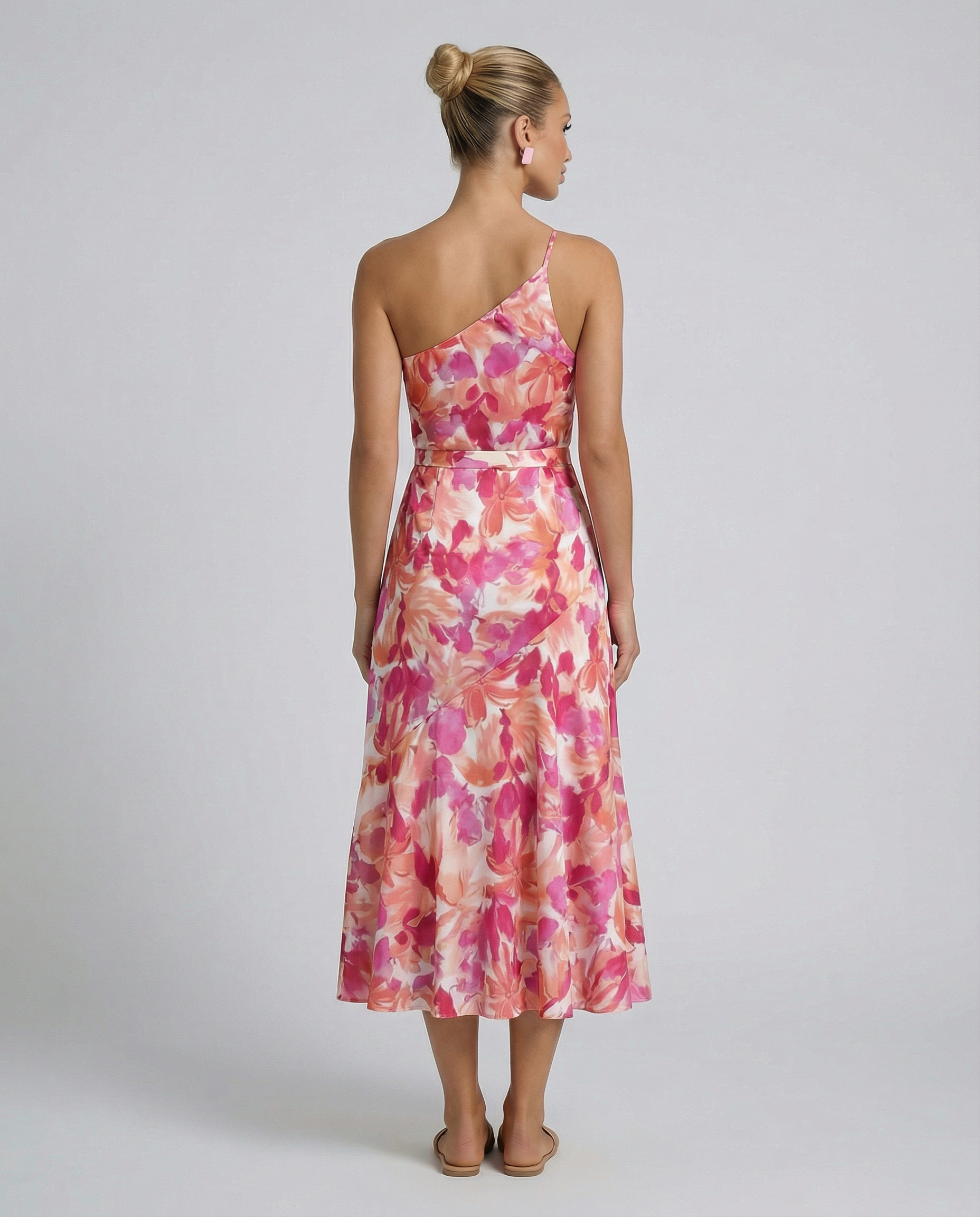 Lizzie | Midi Dress with One Shoulder and Floral Print