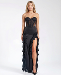 Talia | Satin Maxi Dress with Lace Corset and Ruffle Trim