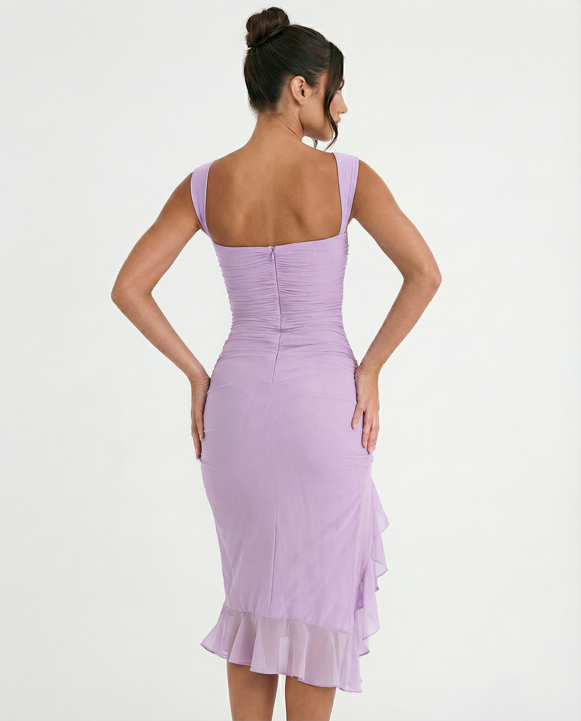 Avery | Ruffle Midi Dress with Ruched Mesh Detail