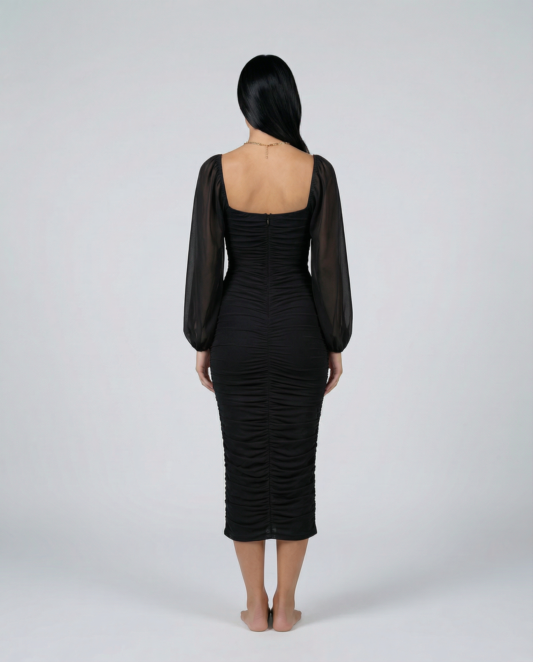 Debra | Ruched Midi Dress with Sheer Long Sleeves