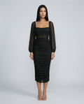 Debra | Ruched Midi Dress with Sheer Long Sleeves