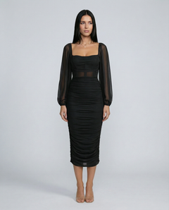 Debra | Ruched Midi Dress with Sheer Long Sleeves