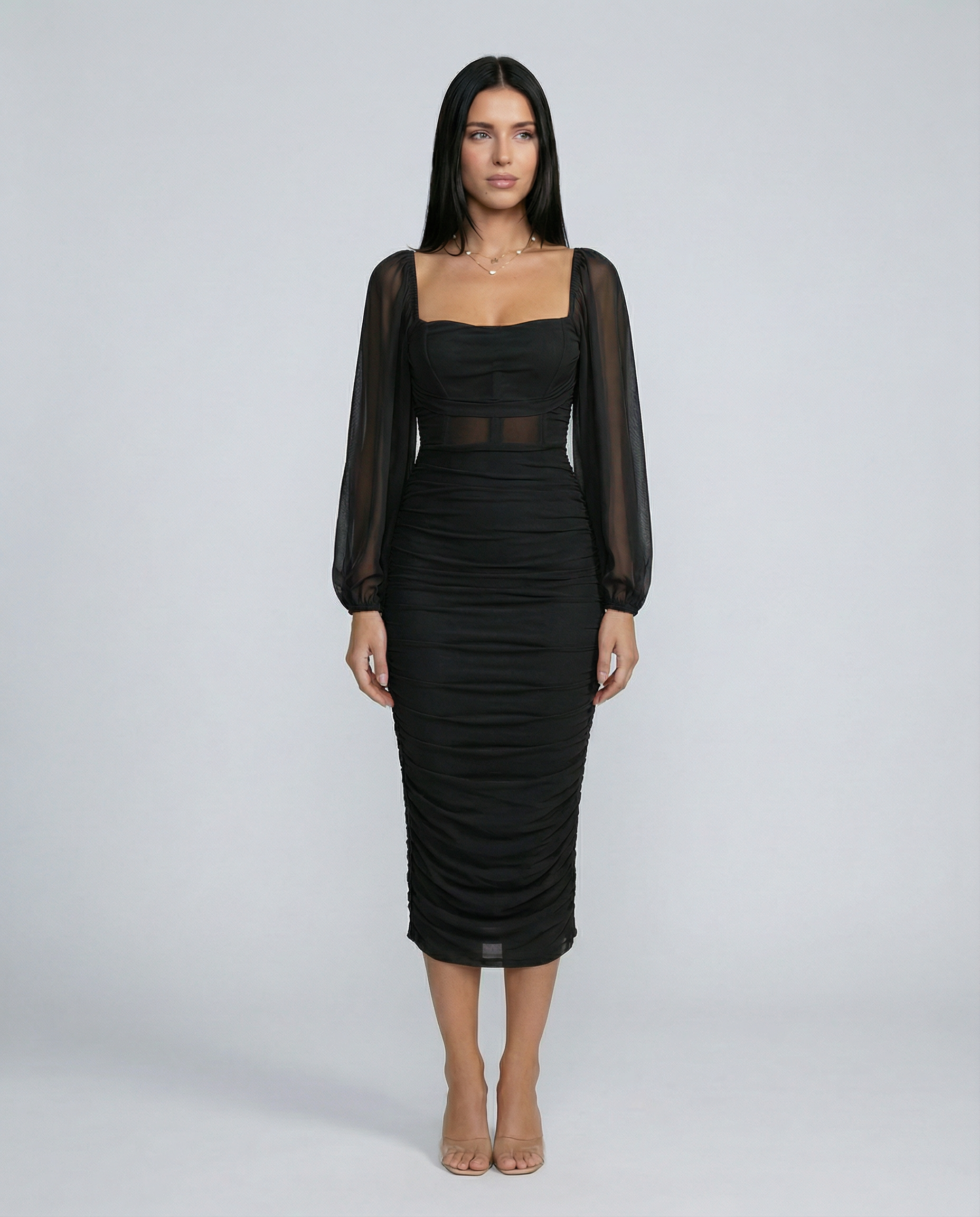 Debra | Ruched Midi Dress with Sheer Long Sleeves