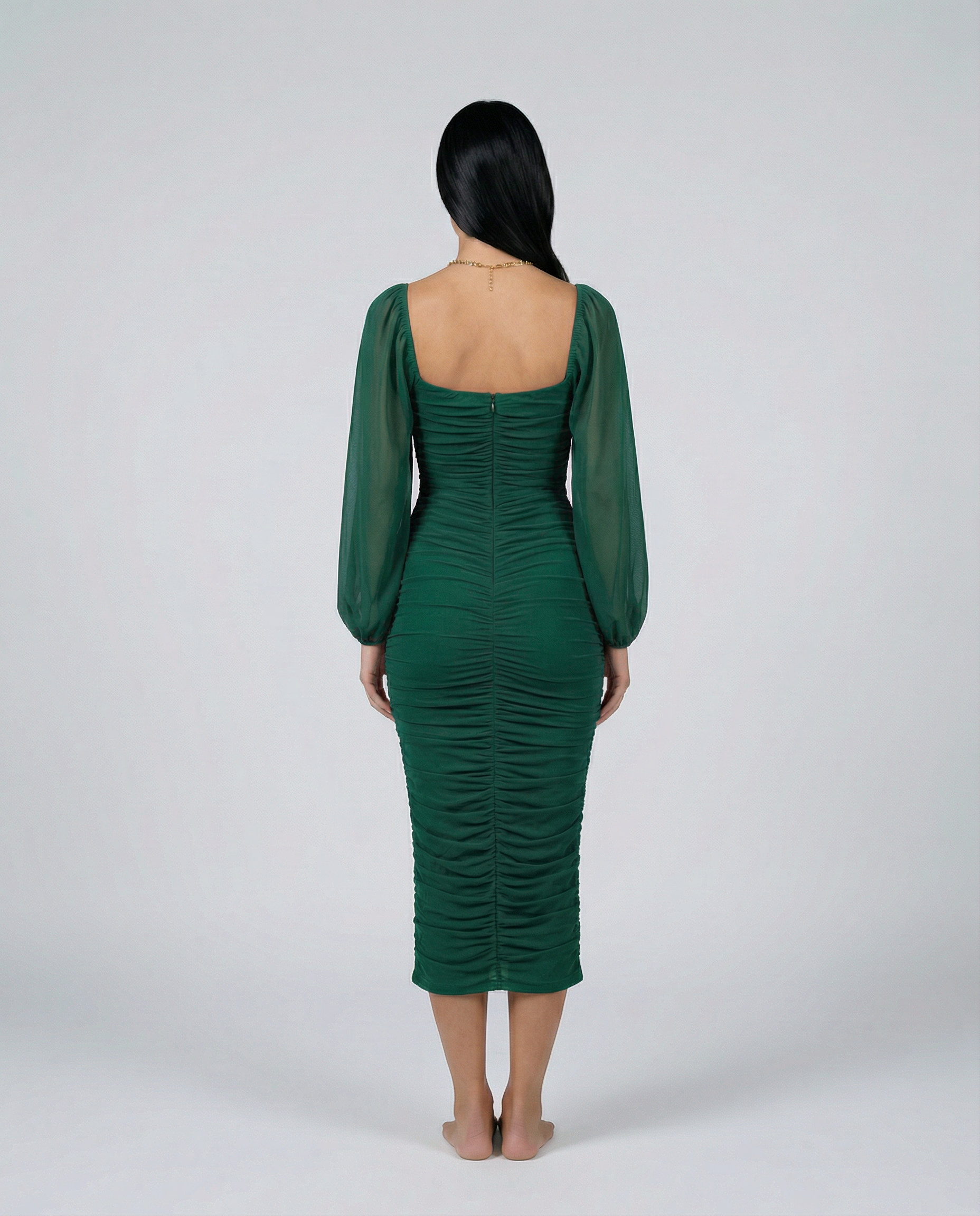 Debra | Ruched Midi Dress with Sheer Long Sleeves