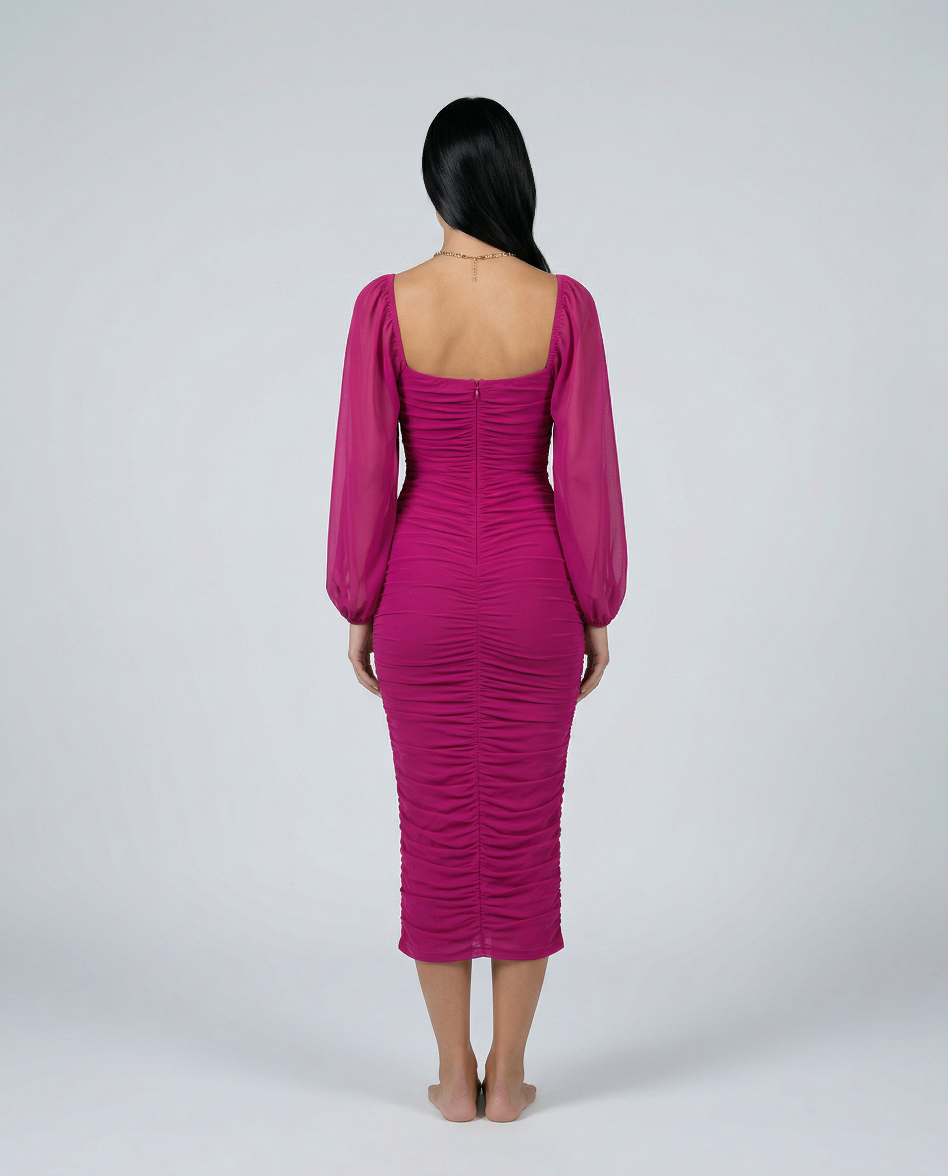 Debra | Ruched Midi Dress with Sheer Long Sleeves